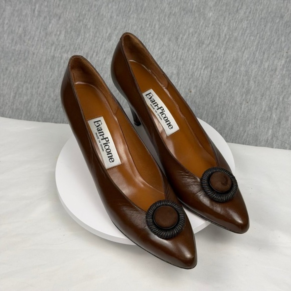 Evan-Picone Kayla Chocolate Brown Leather Pointed Toe Pumps Made in Spain 8.5 S